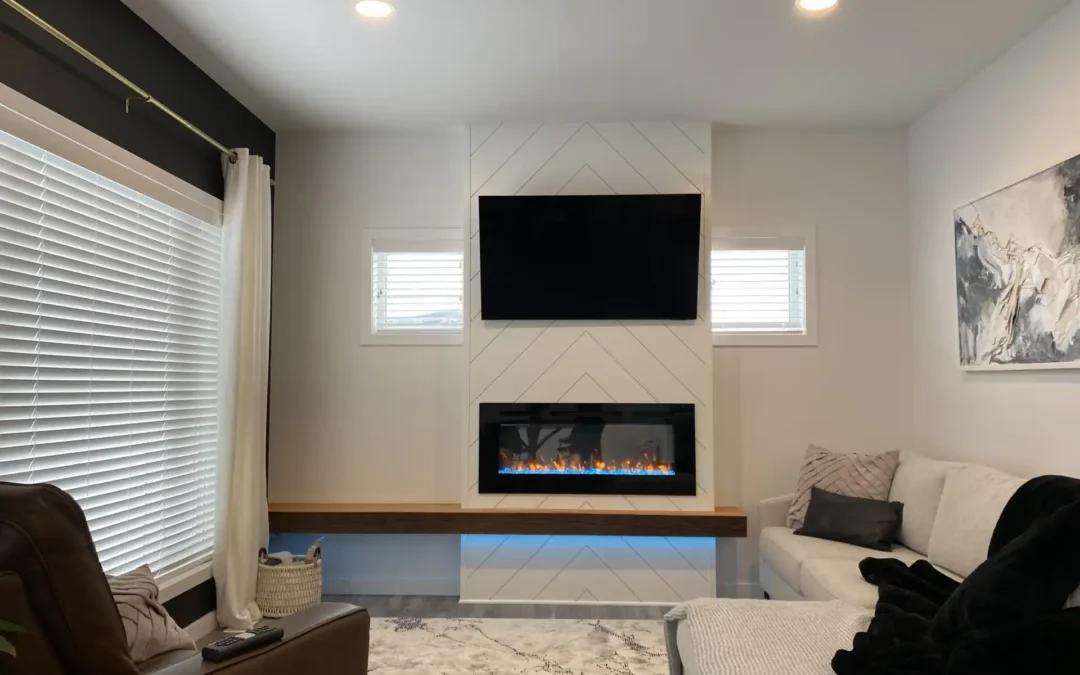 Fireplace Accent Lighting and Floating Bench